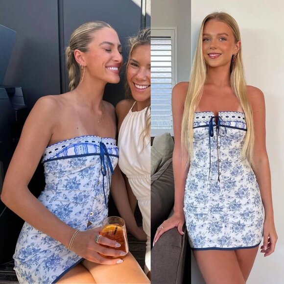 With Jean‎ Sabrin Mini Dress Toile Papillon Strapless Floral Blue White Size M - Picture 10 of 13